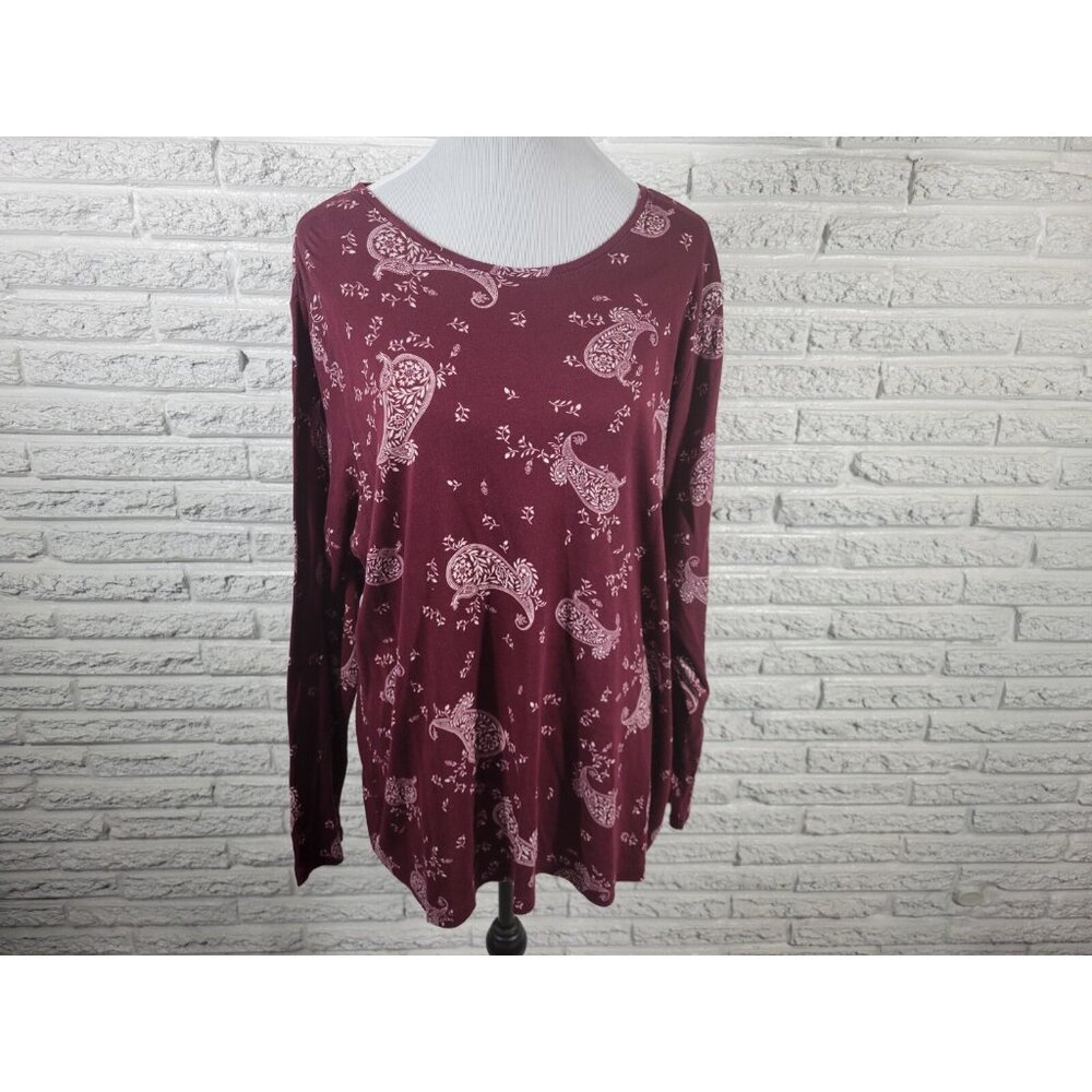 Croft Barrow Women Top 2X Plus Tee Classic Long Sleeve Burgundy PAI8XE